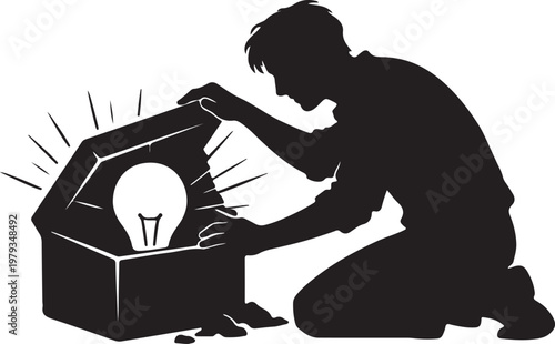 Breakthrough Innovation Concept Silhouette, Person Discovering Hidden Symbol Inside Box on White Background