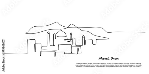 Muscat Oman skyline continuous one line drawing with mountain panorama background.