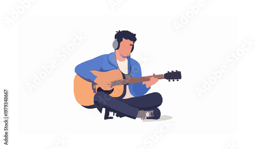 Peaceful young man playing acoustic guitar with headphones minimalist flat vector illustration music focus concept