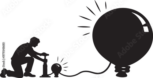 Business Growth Concept Silhouette, Person Inflating Small Object into Large Form, Expansion and Success Strategy