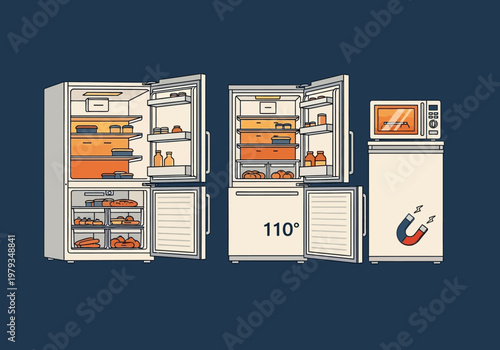 Modern Flat Vector Illustration of Kitchen Appliances featuring Refrigerators, Open Freezers with Food, Microwave Oven, and Temperature Settings