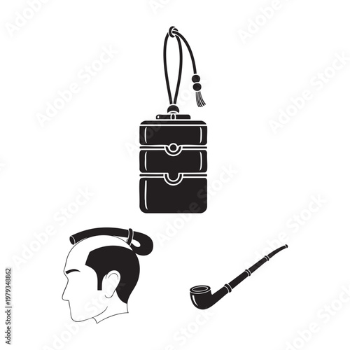 Edo Period Japan Icons Inro Case Chonmage Hairstyle Kiseru Pipe Silhouette Vector