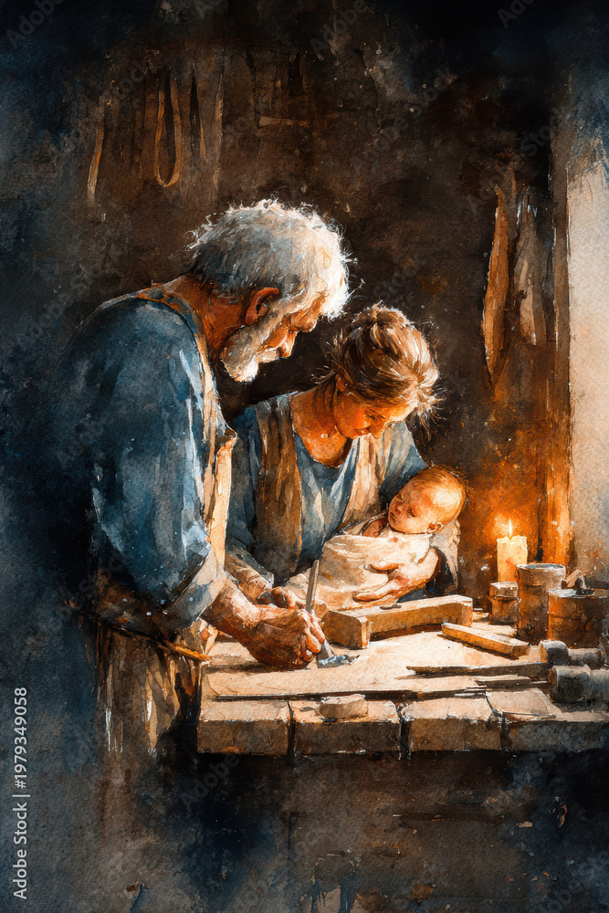 Fototapeta premium Holy Family Workshop Scene – Generative AI – no real persons