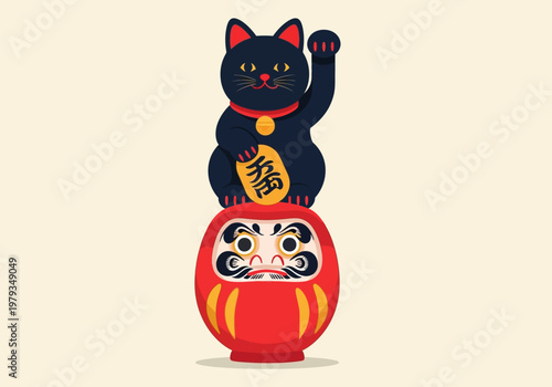Black Maneki-neko Lucky Cat Sitting on Red Daruma Doll Vector Illustration
