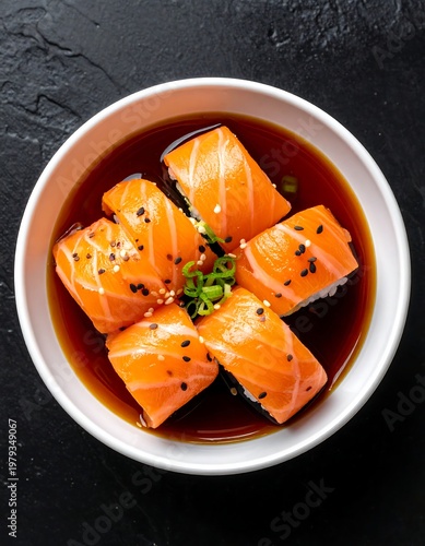 Close-up of sushi rolls in soy sauce inside a white bowl, against a black backdrop. The rolls are topped with sesame seeds