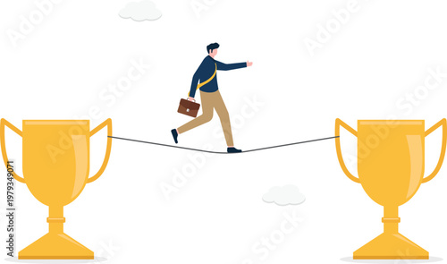 Professional walking on a tightrope between two trophy cups