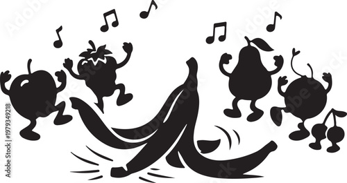 black silhouette of a banana peel slip with dancing fruit crowd