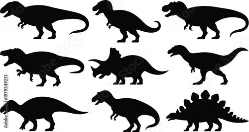 Clean vector illustration of dinosaur silhouettes collection including T-Rex stegosaurus and triceratops in dynamic pose grid