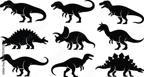 Clean vector illustration of dinosaur silhouettes collection including T-Rex stegosaurus and triceratops in dynamic pose grid
