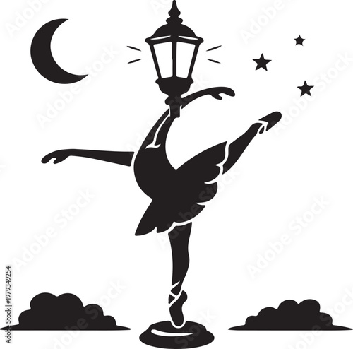 Vector silhouette of a lamp post dancing ballet at night