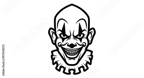 Evil clown face grinning with sharp teeth in black and white illustration