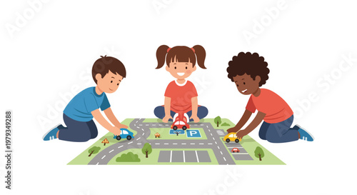 Three diverse children are happily playing together with toy cars on a colorful play mat featuring roads and parking lots.