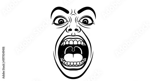 Face expressing intense emotion black and white illustration isolated