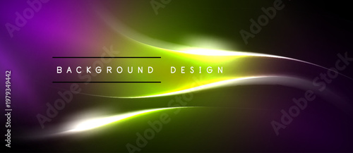 Abstract purple, green gradients. Smooth curves create dynamic light effect. Text reads background design. Minimalist, modern aesthetic.