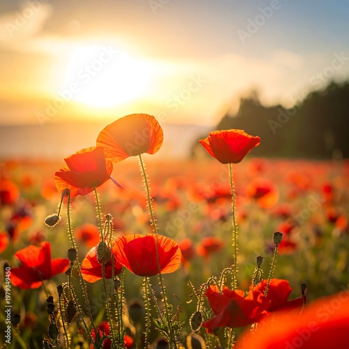 Close-up of vibrant red blooms in a sun-drenched field. The golden sunset bathes the landscape