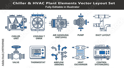 Chiller plant HVAC system vector icons, top view cooling tower, ducts, pumps, airflow, heat exchanger, mechanical engineering CAD layout symbols