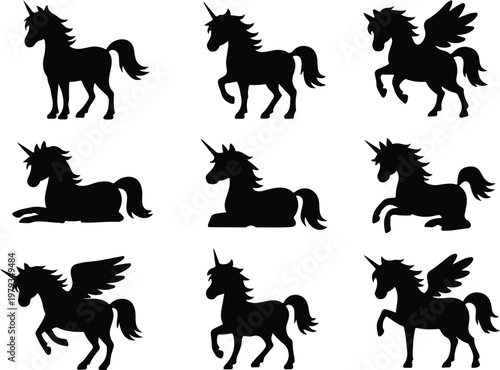 Clean vector illustration of galloping unicorn silhouettes including winged variations in structured grid composition dynamic action poses
