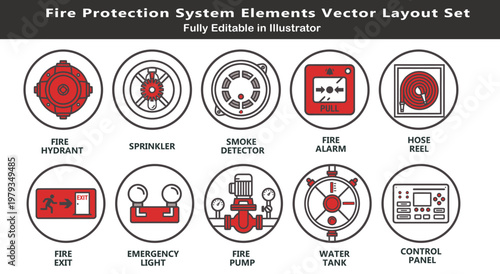 Fire protection system vector icons, top view safety plan layout, hydrant, sprinkler, alarm, emergency exit, pumps, architectural CAD schematic symbols