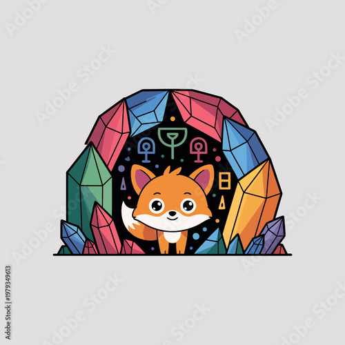 Cartoon orange fox peeking out from behind colorful crystal cave with astrology symbols