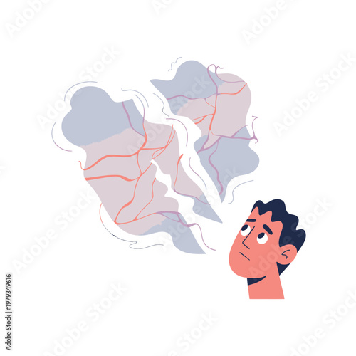 Man looking up at abstract thought bubbles contemplating ideas and emotions in a creative process