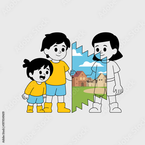 Children holding a torn paper with a house and green field symbolizing change and growth in a family setting with a sense of optimism