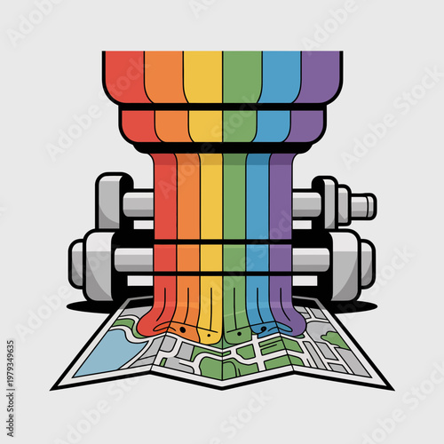 Rainbow colors pouring from a machine onto a detailed city map symbolizing diversity and creativity in urban planning and design