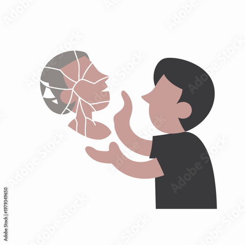 A cartoon boy tries to hold together a broken face with his hands symbolizing mental health and emotional distress