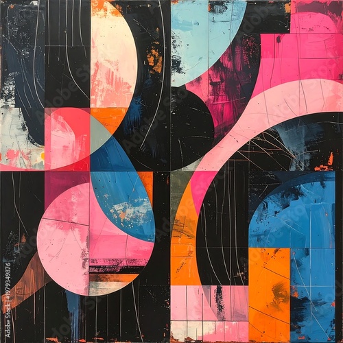 Geometric composition with bright neon shades on a dark base. Overlapping shapes create depth with contrasting colors & textures