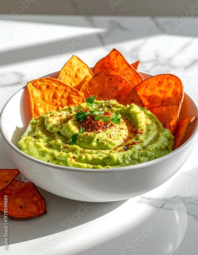 Close-up of a white bowl overflowing with bright green dip, surrounded by baked orange crisps, on a white marble surface, bathed in sunlight