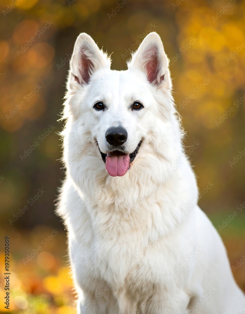 Obraz premium Close-up portrait of a fluffy white dog with a happy expression and pink tongue, set against blurry autumnal foliage