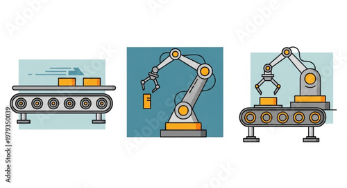 Automated Industrial Robot Arm Working on a Conveyor Belt.