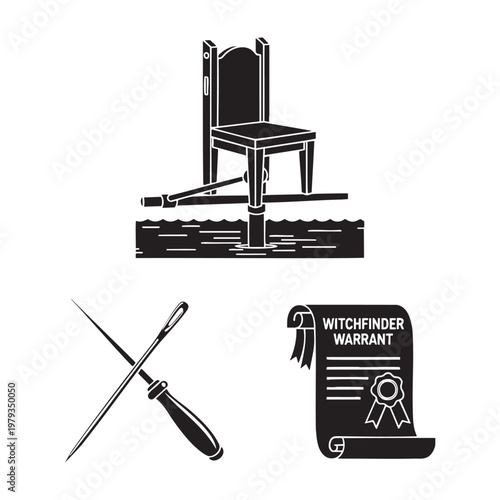 Medieval Witch Trial Icons Ducking Stool Pricker Warrant Silhouette Vector Set