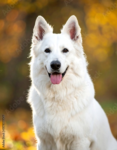 Close-up portrait of a fluffy white dog with a happy expression and pink tongue, set against blurry autumnal foliage