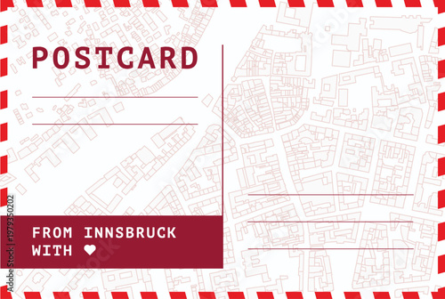 From Innsbruck postal card template. Vector postcard illustration with Austria city downtown map, scheme, urban plan. Simple flat greetings image layout