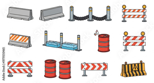 Collection of construction safety barriers and traffic control equipment.