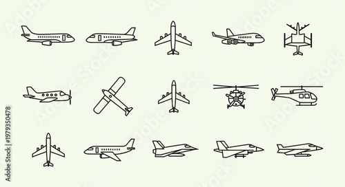 Collection of various airplane and helicopter icons in a simple line art style.