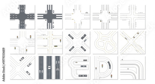 Collection of various road intersections and street layouts from above.