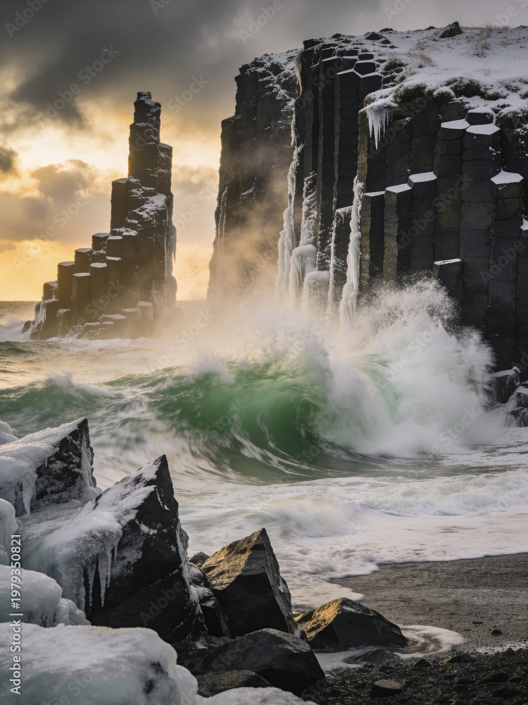 Obraz premium Atmospheric Basalt Formations Under Dramatic Skies and Ocean Spray