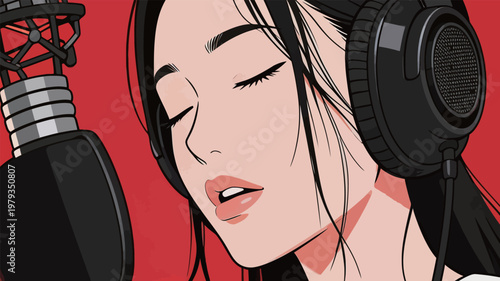Woman with Headphones Singing in Studio