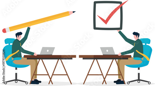 Two professionals marking a checklist with a giant pencil