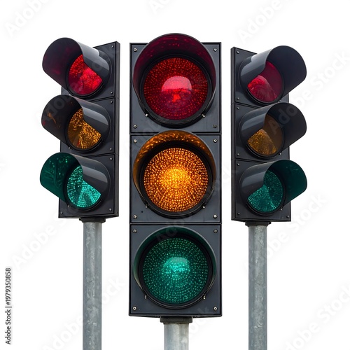 Three traffic lights with illuminated red, yellow, and green signal lights