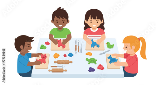 Four diverse children are happily sculpting colorful clay animals and using crafting tools while sitting around a white table together.