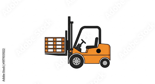 Orange forklift truck lifting a wooden pallet with boxes.