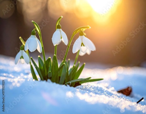 Close-up of delicate white flowers emerging from snow, bathed in golden sunlight, creating a serene, hopeful scene of early spring