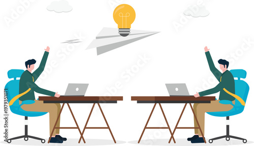 Two professionals with a lightbulb paper plane at desks