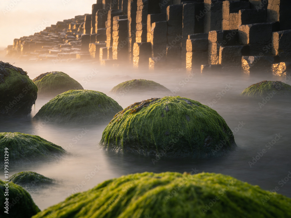 Obraz premium Atmospheric Basalt Formations Under Dramatic Skies and Ocean Spray
