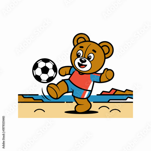 Cartoon teddy bear in soccer uniform kicks ball on sandy beach with colorful background