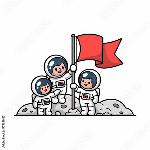 Three cartoon astronauts in white spacesuits planting a red flag on the moon's surface with craters