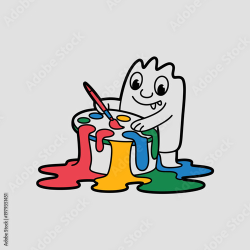 Colorful cartoon character painting with vibrant multicolored paint splatters on palette and floor
