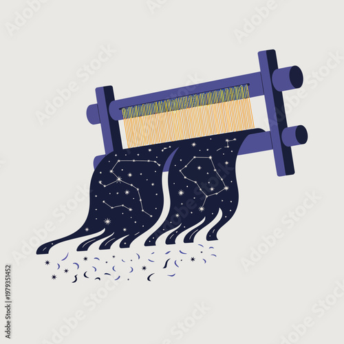 Vibrant starry night sky fabric weaving on a loom with purple frame and scattered stardust on a light grey background